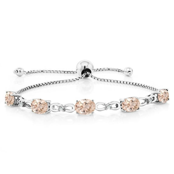 Gem Stone King 925 Sterling Silver Peach Morganite and White Lab Grown Diamond Tennis Bracelet for Women (3.25 Cttw, Gemstone October Birthstone, Oval 7x5MM, Fully Adjustable up to 9 inch)