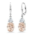 thumbnail image 1 of Gem Stone King 925 Sterling Silver Peach Morganite and White Moissanite Dangle Earrings for Women (4.94 Cttw, Gemstone October Birthstone, Oval 10X8MM, Trillion 5MM), 1 of 4