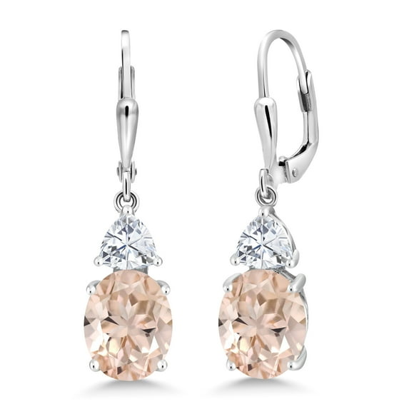 Gem Stone King 925 Sterling Silver Peach Morganite and White Moissanite Dangle Earrings for Women (4.94 Cttw, Gemstone October Birthstone, Oval 10X8MM, Trillion 5MM)