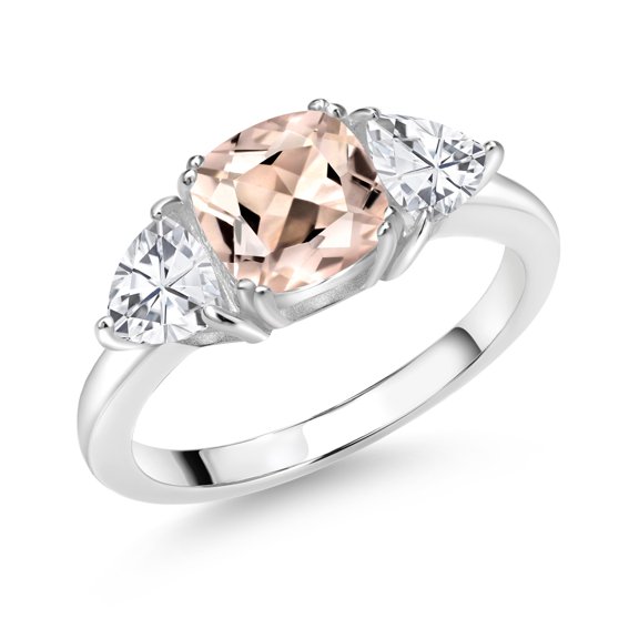 Gem Stone King 925 Sterling Silver Peach Morganite and White Zirconia 3 Stone Engagement Ring for Women (2.84 Cttw, Gemstone October Birthstone, Available in Size 5, 6, 7, 8, 9)