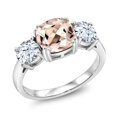 thumbnail image 1 of Gem Stone King 925 Sterling Silver Peach Morganite and White Zirconia 3 Stone Engagement Ring for Women (3.38 Cttw, Gemstone October Birthstone, Cushion 8MM, Size 8), 1 of 5