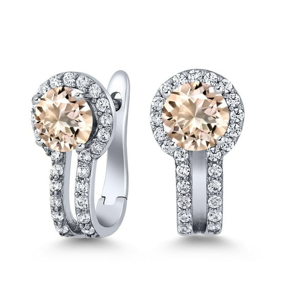 Gem Stone King 925 Sterling Silver Peach Morganite and White Created Sapphire Earrings for Women (1.30 Cttw, Gemstone October Birthstone, Round 5MM)