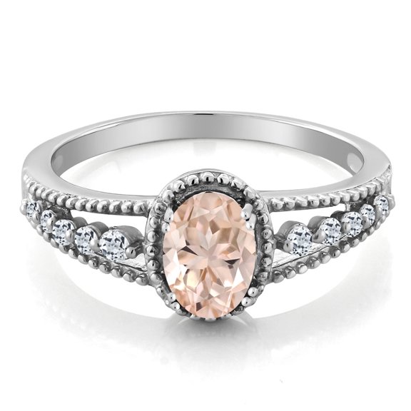 Gem Stone King 925 Sterling Silver Peach Morganite and White Topaz Engagement Ring for Women (0.86 Cttw, Oval 7X5MM, Available in Size 5, 6, 7, 8, 9)