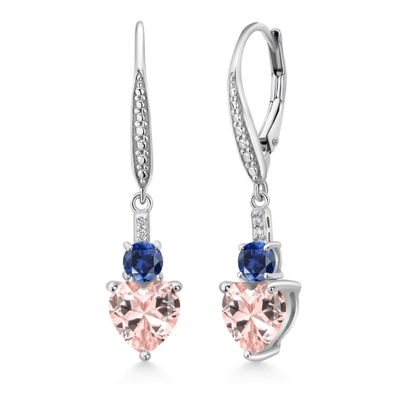 Gem Stone King 925 Sterling Silver Peach Nano Morganite Blue Created Sapphire and White Lab Grown Diamond Drop Dangle Earrings for Women (3.03 Cttw, Heart Shape 7MM, Round 4MM)