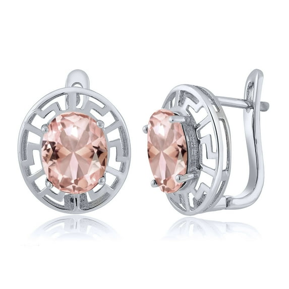 Gem Stone King 925 Sterling Silver Peach Nano Morganite Greek Key Earrings for Women (4.64 Cttw, Gemstone October Birthstone, Oval 10X8MM)