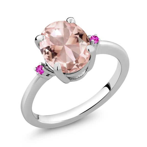 Gem Stone King 925 Sterling Silver Peach Nano Morganite and Pink Sapphire 3 Stone Ring for Women (2.36 Cttw, Oval 10X8MM, Gemstone October Birthstone, Size 5)