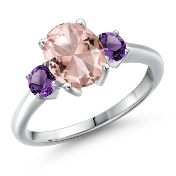 Gem Stone King 925 Sterling Silver Peach Nano Morganite and Purple Amethyst Engagement Ring for Women | 2.50 Cttw | Oval 9X7MM | Gemstone October Birthstone | Size 5