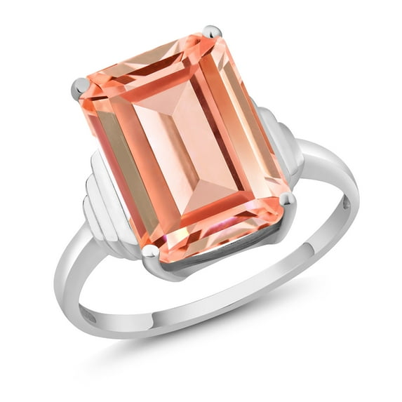 Gem Stone King 925 Sterling Silver Peach Nano Morganite Ring for Women (6.30 Cttw, Emerald Cut 14X10MM, Gemstone October Birthstone, Available in Size 5, 6, 7, 8, 9)