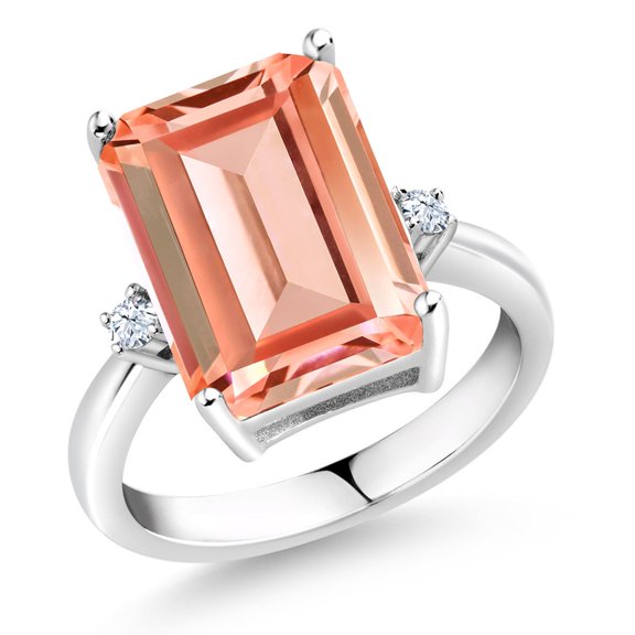 6.38 Cttw Peach Nano Morganite and White Created Sapphire Ring for Women | 925 Sterling Silver | Emerald Cut 14x10MM | Three Stone Wedding Engagement Anniversary Ring for Women | Size 8