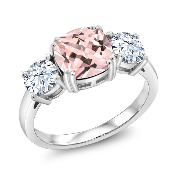 Gem Stone King 3.50 Cttw Peach Nano Morganite and White Zirconia 3-Stone Engagement Ring for Women | 925 Sterling Silver | Cushion 8MM | Wedding Engagement Anniversary Promise Ring for Women| Size 8