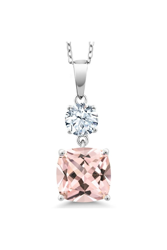5.82 Cttw Peach Nano Morganite and White Zirconia Pendant Necklace for Women | 925 Sterling Silver | Gemstone October Birthstone | Cushion 10MM | Round 6MM | With 18 inch Chain