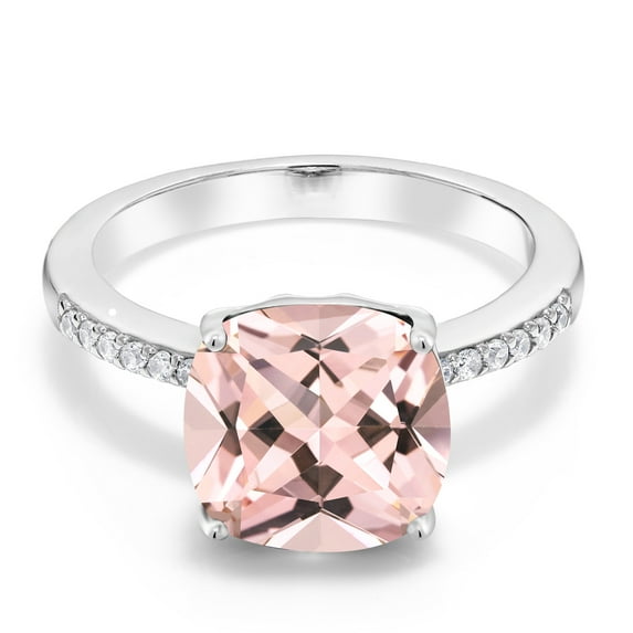 Gem Stone King 925 Sterling Silver Peach Simulated Morganite Engagement Ring for Women (4.44 Cttw, Cushion 10MM, Available in Size 5, 6, 7, 8, 9)