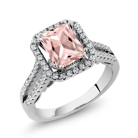 Gem Stone King 925 Sterling Silver Peach Simulated Morganite Ring for Women (2.78 Cttw, Emerald Cut 9X7MM, Available in Size 5, 6, 7, 8, 9)