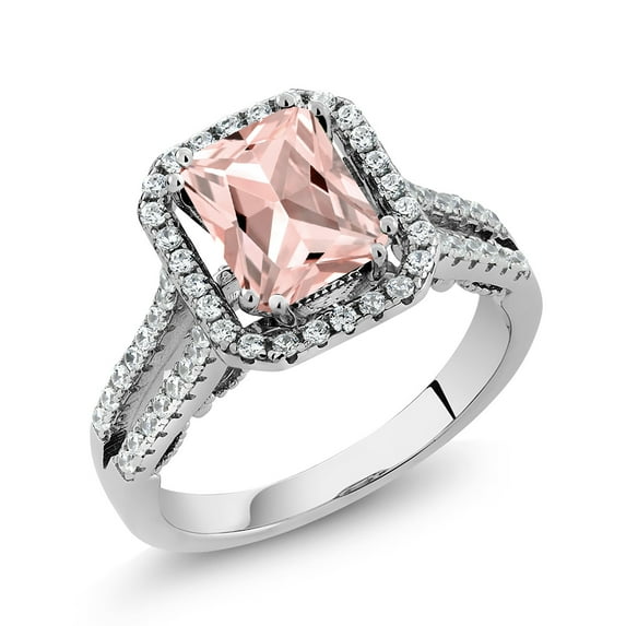 Gem Stone King 925 Sterling Silver Peach Simulated Morganite Ring for Women (2.78 Cttw, Emerald Cut 9X7MM, Available in Size 5, 6, 7, 8, 9)