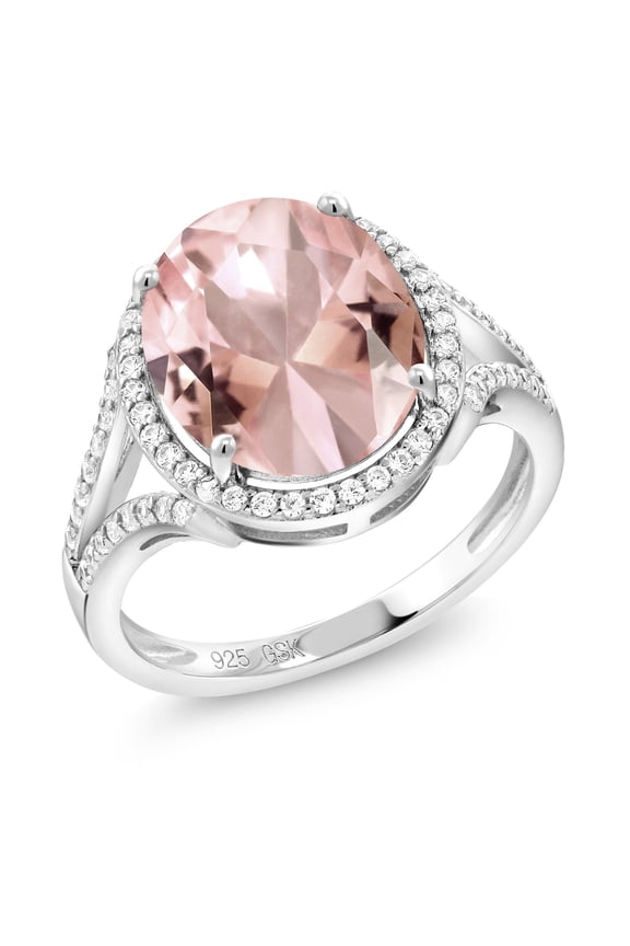 925 Sterling Silver Peach Simulated Morganite Ring for Women (5.55 Cttw, Oval 12X10MM, Available in Size 5, 6, 7, 8, 9)