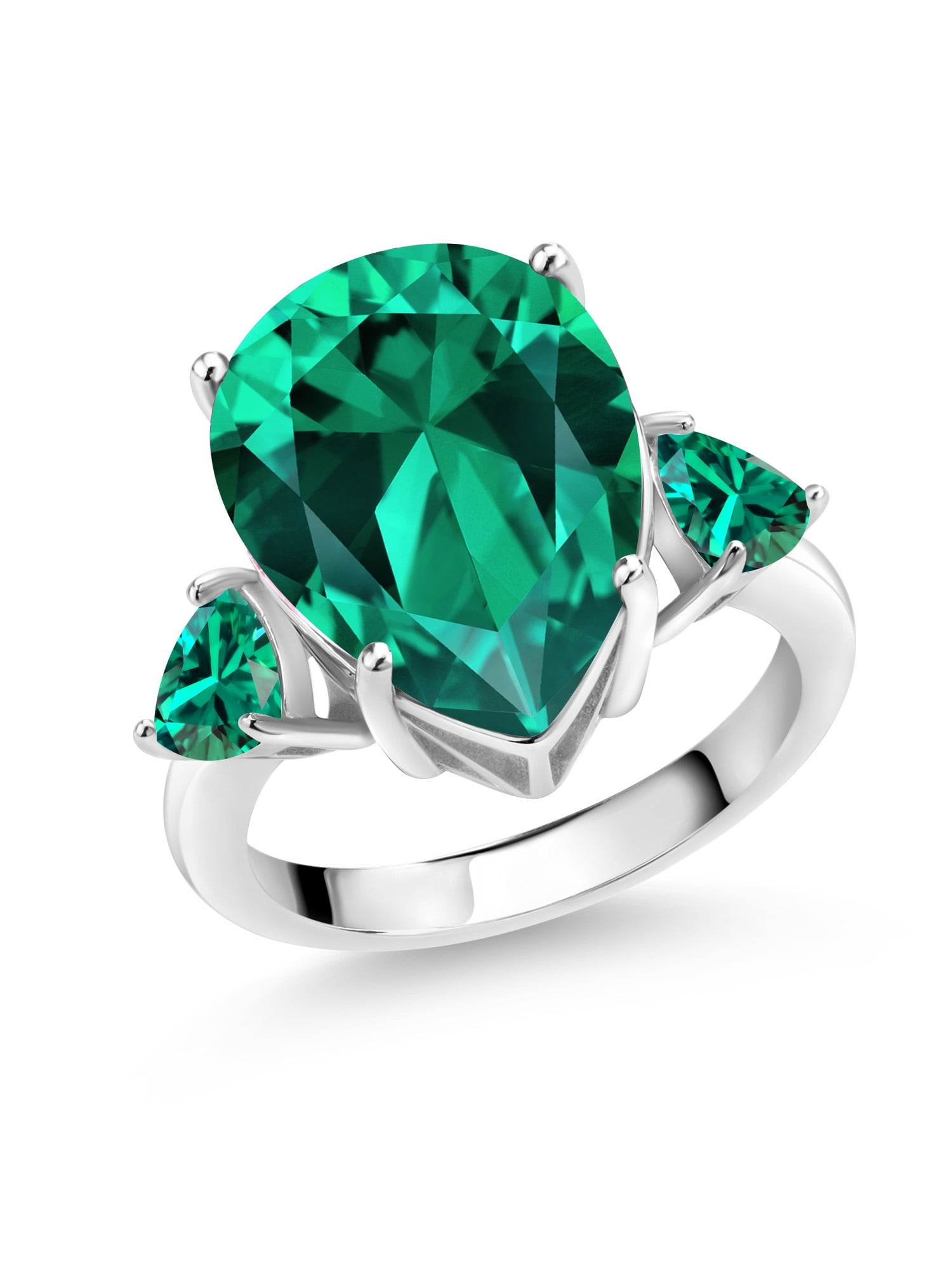 Gem Stone King 925 Sterling Silver Pear Shape Green Nano Emerald Ring