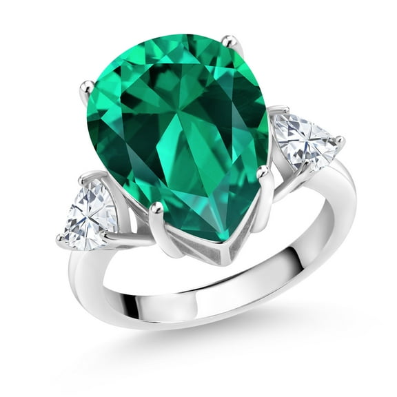 Gem Stone King 925 Sterling Silver Pear Shape Green Nano Emerald and White Moissanite 3-Stone Ring for Women (9.19 Cttw, Size 6)