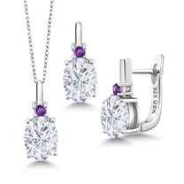 Gem Stone King 925 Sterling Silver Pendant and Earrings Jewelry Set Near Colorless Oval 6.36cttw Moissanite and Amethyst