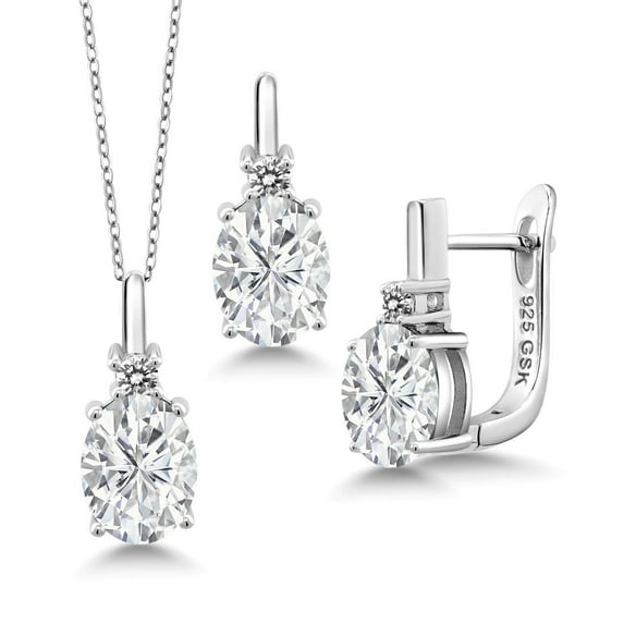 Gem Stone King 925 Sterling Silver Pendant and Earrings Jewelry Set Near Colorless Oval 6.37cttw Moissanite and Diamond