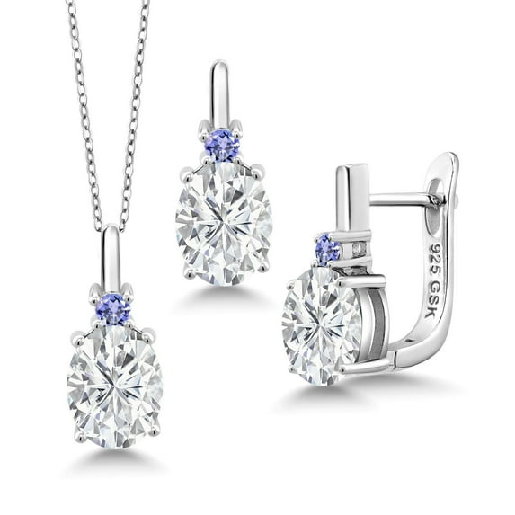 Gem Stone King 925 Sterling Silver Pendant and Earrings Jewelry Set Near Colorless Oval 6.38cttw Moissanite and Tanzanite