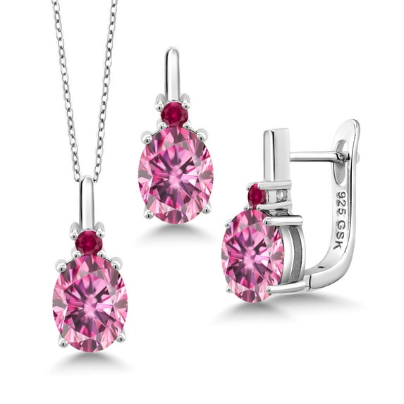 Gem Stone King 925 Sterling Silver Pendant and Earrings Jewelry Set Pink Moissanite Created Ruby (6.18 Cttw)