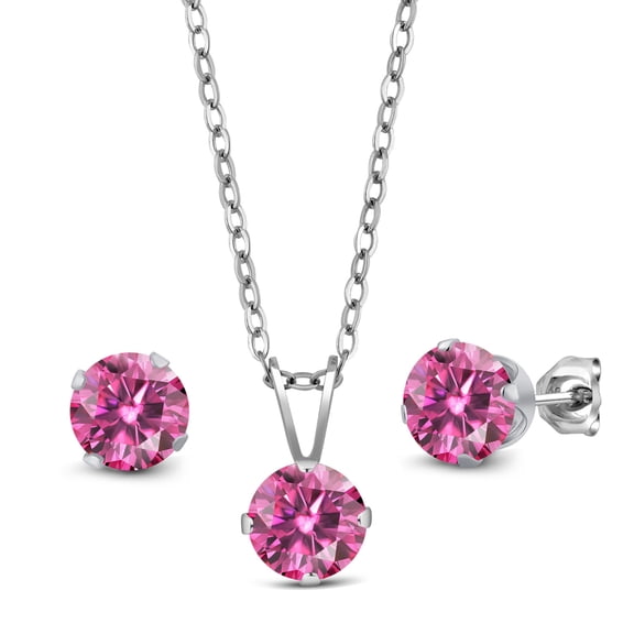 Gem Stone King 925 Sterling Silver Pendant and Earrings Jewelry Set Pink Round Moissanite (2.40 Cttw)