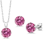 GEM STONE KING 925 Sterling Silver Pendant and Earrings Jewelry Set Pink Round Moissanite (3.60 Cttw)