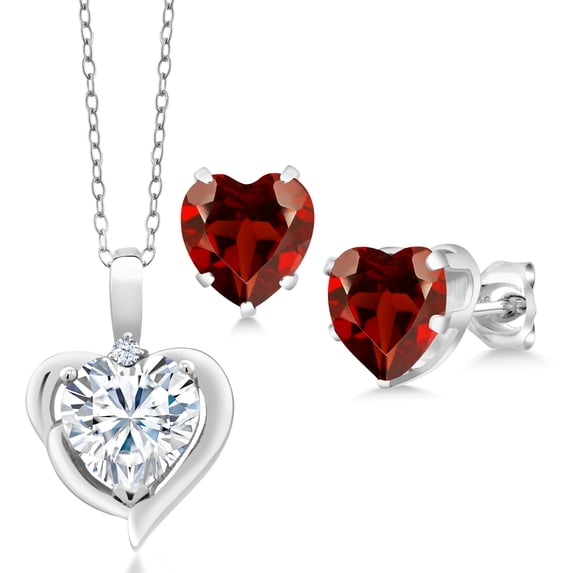 Gem Stone King 925 Sterling Silver Pendant and Earrings Jewelry Set with Near Colorless Heart Shape 5.42cttw Moissanite and Created Sapphire
