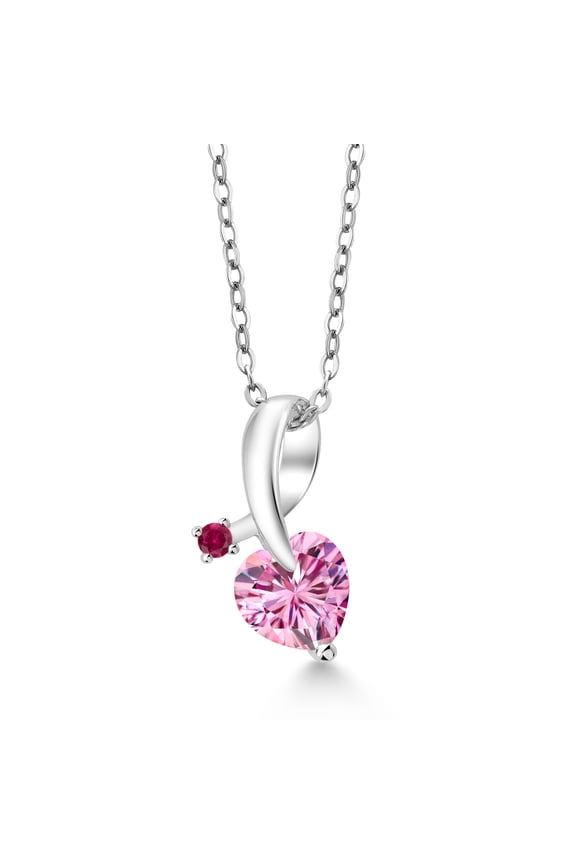 925 Sterling Silver Pendant with Chain Heart Shape Pink Moissanite Created Ruby (1.12 Cttw)