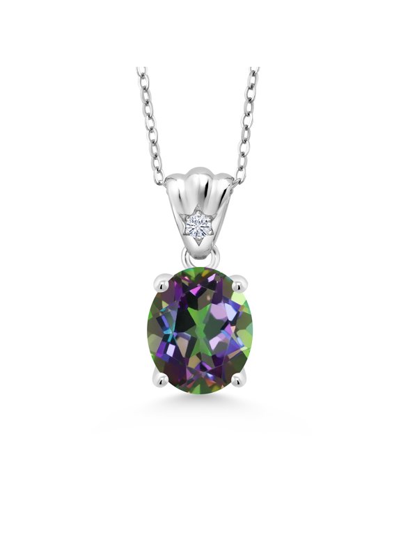 925 Sterling Silver Pendant with Chain Oval Green Mystic Quartz and Moissanite (3.64 Cttw)