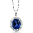 thumbnail image 1 of Gem Stone King 925 Sterling Silver Pendant with Chain Oval Blue Created Sapphire and Moissanite (5.32 Cttw), 1 of 3