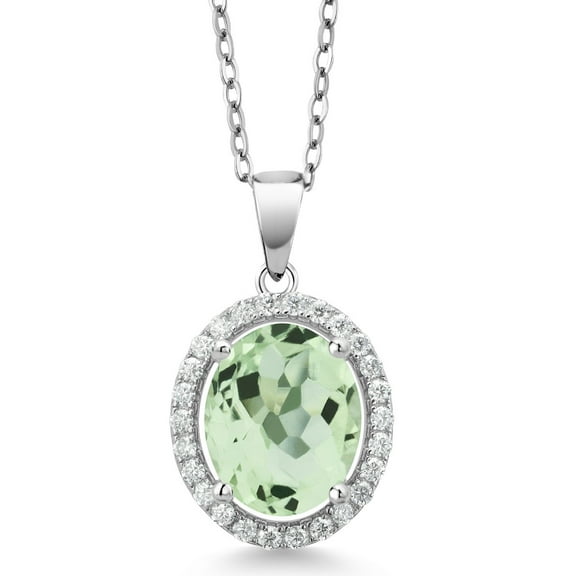 Gem Stone King 925 Sterling Silver Pendant with Chain Oval Green Prasiolite and Moissanite (3.49 Cttw)