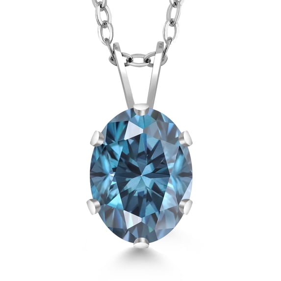 Gem Stone King 925 Sterling Silver Pendant with Chain Persian Blue Oval Moissanite (1.38 Cttw)