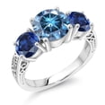 thumbnail image 1 of Gem Stone King 3.90 Cttw Round Persian Blue Moissanite and Blue Created Sapphire 3-Stone Ring for Women | 925 Sterling Silver | Three Stone Wedding Engagement Anniversary Promise Ring for Women, 1 of 6