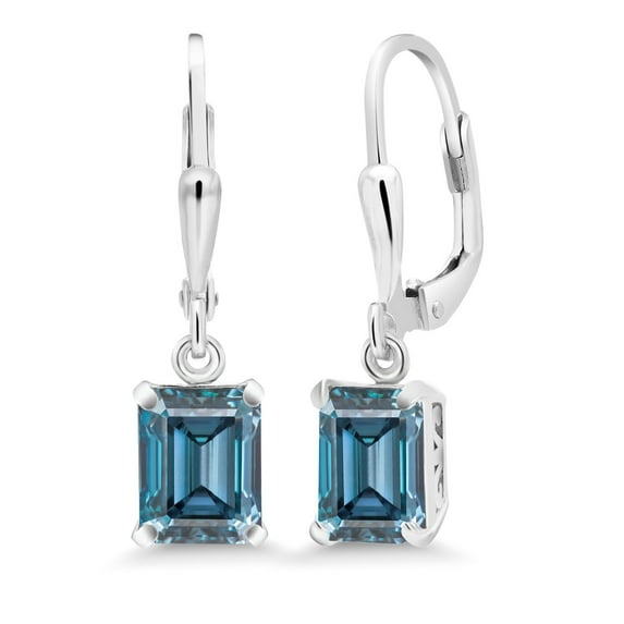 Gem Stone King 925 Sterling Silver Persian Blue Moissanite Dangle Earrings for Women (2.96 Cttw, Gemstone, Octagon 8X6MM)