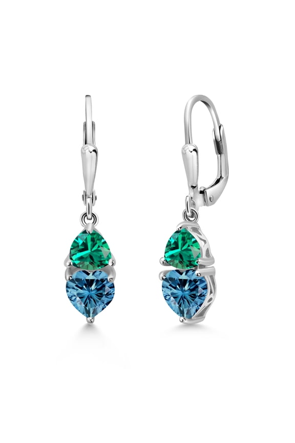 925 Sterling Silver Persian Blue Moissanite and Green Nano Emerald Dangle Leverback Earrings for Women (2.54 Cttw, Gemstone, Heart Shape 6MM, Trillion 5MM)