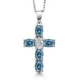 thumbnail image 1 of Gem Stone King 925 Sterling Silver Persian Blue Moissanite and Lab Grown Diamond Cross Pendant Necklace for Women | 2.65 Cttw | Gemstone Birthstone | Oval 6X4MM | With 18 inch Chain, 1 of 6