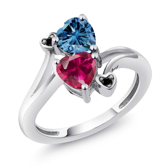 Gem Stone King 925 Sterling Silver Persian Blue Moissanite Red Created Ruby and Black Diamond Ring for Women (1.80 Cttw, Heart Shape 6MM, Gemstone Birthstone, Size 5)