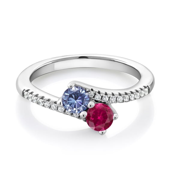 Gem Stone King 925 Sterling Silver Persian Blue Moissanite and Red Created Ruby Bypass Ring for Women (0.72 Cttw, Gemstone Birthstone, Round 4MM, Available in Size 5, 6, 7, 8, 9)