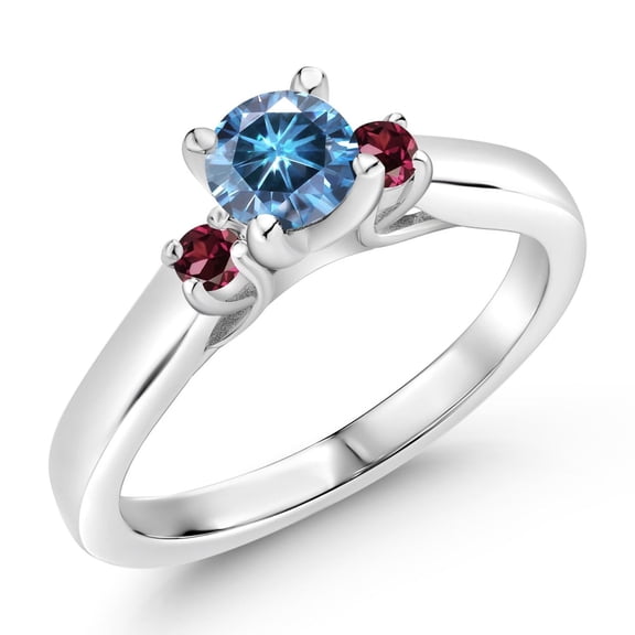 Gem Stone King 925 Sterling Silver Persian Blue Moissanite and Red Rhodolite Garnet 3-Stone Engagement Ring for Women (0.68 Cttw, Gemstone Birthstone, Size 6)