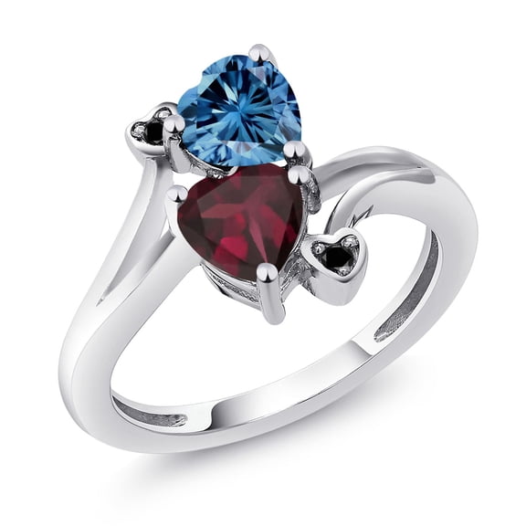 Gem Stone King 925 Sterling Silver Persian Blue Moissanite Red Rhodolite Garnet and Black Diamond Ring for Women (1.55 Cttw, Heart Shape 6MM, Gemstone Birthstone, Size 9)