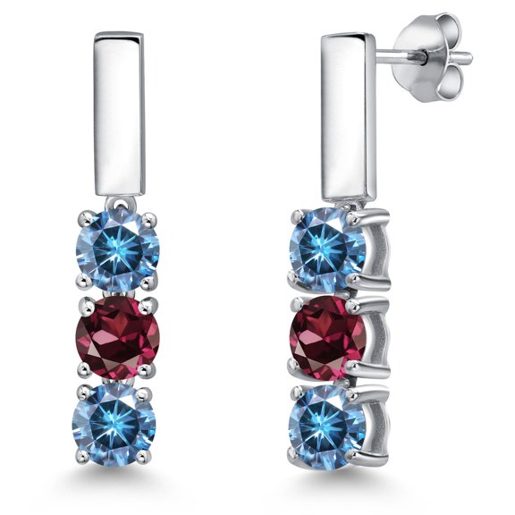 Gem Stone King 925 Sterling Silver Persian Blue Moissanite and Red Rhodolite Garnet Drop Dangle Earrings for Women | 1.60 Cttw | Gemstone Birthstone | Round 5MM