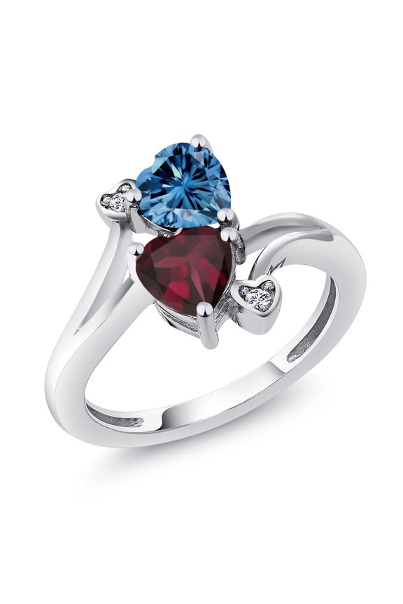 925 Sterling Silver Persian Blue Moissanite Red Rhodolite Garnet and White Moissanite Ring for Women (1.55 Cttw, Heart Shape 6MM, Gemstone Birthstone, Size 8)