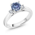 thumbnail image 1 of Gem Stone King 0.90 Cttw Persian Blue Moissanite and White Created Sapphire 3-Stone Engagement Ring for Women | 925 Sterling Silver | Round 6MM | Three Stone Wedding Anniversary Promise Ring | Size 6, 1 of 4