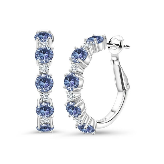 Gem Stone King 925 Sterling Silver Persian Blue Moissanite and White Lab Grown Diamond Hoop Earrings for Women (2.60 Cttw, Round 4MM and 1.9MM, Gemstone Birthstone 1 inch Diameter)