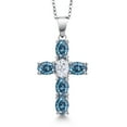 thumbnail image 1 of Gem Stone King 925 Sterling Silver Persian Blue Moissanite and White Moissanite Cross Pendant Necklace for Women | 2.75 Cttw | Gemstone Birthstone | Oval 6X4MM | With 18 inch Chain, 1 of 6