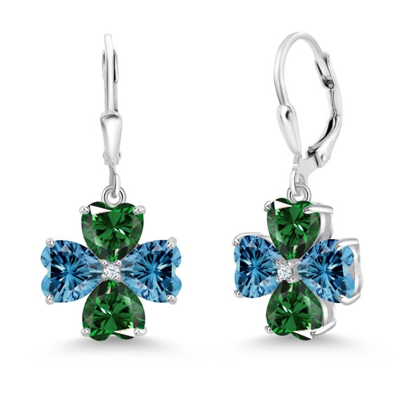 Gem Stone King 925 Sterling Silver Persian Blue Moissanite and Green Nano Emerald Dangle Earrings for Women (6.02 Cttw, Gemstone, Heart Shape 6MM)