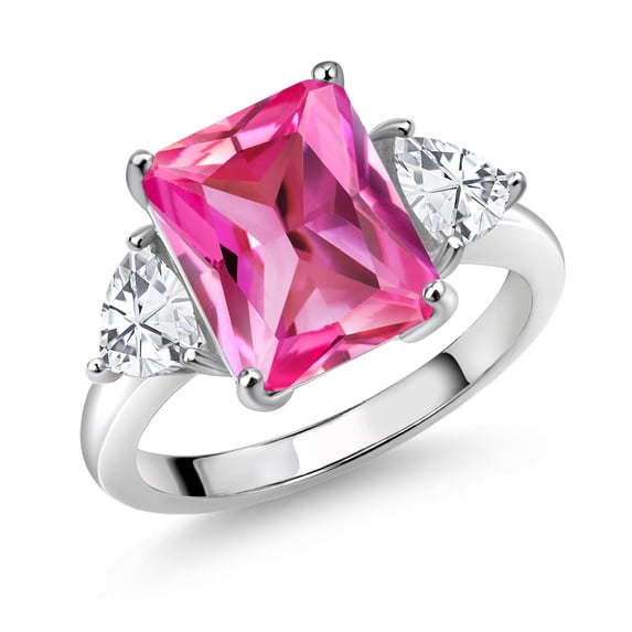 Gem Stone King 925 Sterling Silver Pink Created Sapphire 3 Stone Ring for Women (8.14 Cttw, Octagon 12X10MM, Trillion 5X5MM, Gemstone September Birthstone, Size 7)