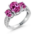 thumbnail image 1 of Gem Stone King 925 Sterling Silver Pink Created Sapphire 3-Stone Ring for Women | 3.60 Cttw | Oval 9X7MM and 6X4MM | Size 5, 1 of 6