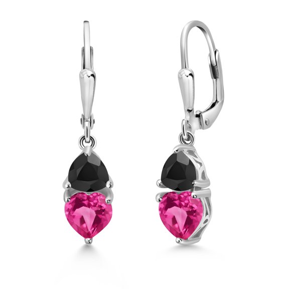 Gem Stone King 925 Sterling Silver Pink Created Sapphire and Black Onyx Dangle Leverback Earrings for Women (2.32 Cttw, Gemstone September Birthstone, Heart Shape 6MM, Trillion 5MM)
